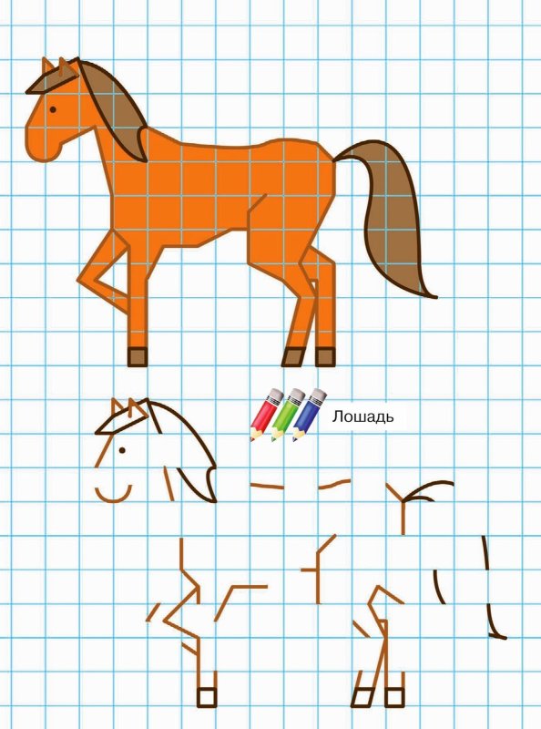 Рисунки по клеточкам в тетради лошади